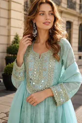 Sky blue silk suit with real mirror hand work