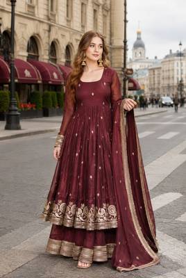 Chocolate silk anarkali suit with embroidery & sequin work 1