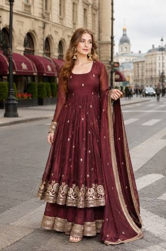 Chocolate silk anarkali suit with embroidery & sequin work