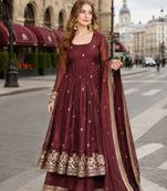 Chocolate silk anarkali readymade suit with embroidery & sequence work