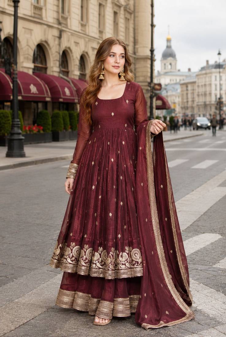 Chocolate silk anarkali readymade suit with embroidery & sequence work