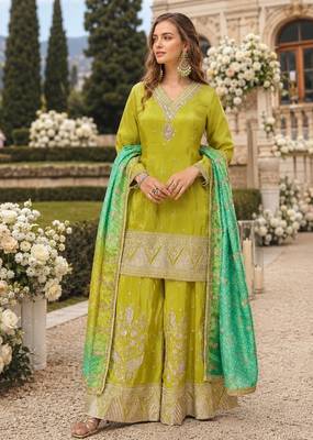Olive silk suit with embroidery & sequin work 1