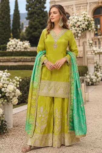 Olive silk suit with embroidery & sequin work