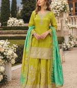 Olive silk readymade suit with embroidery & sequence work