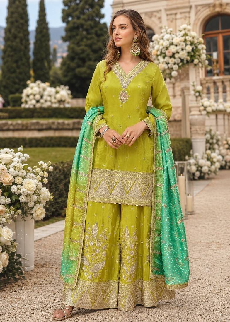 Olive silk readymade suit with embroidery & sequence work