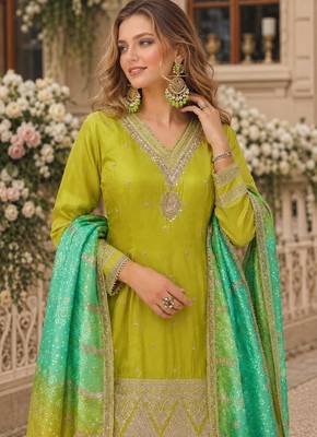 Olive silk suit with embroidery & sequin work 2