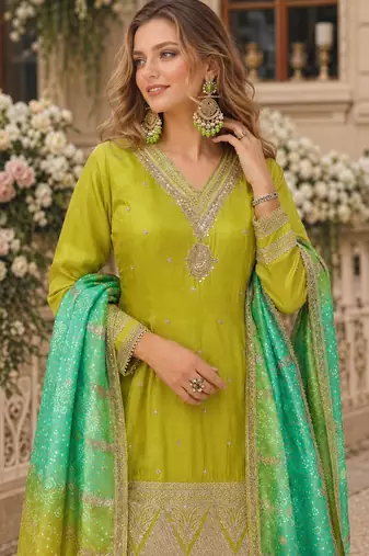Olive silk suit with embroidery & sequin work