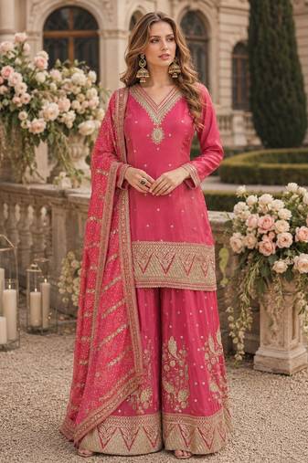Pink silk readymade suit with embroidery & sequin work