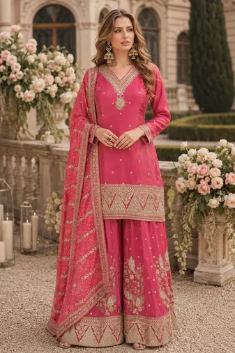 Pink silk readymade suit with embroidery & sequin work