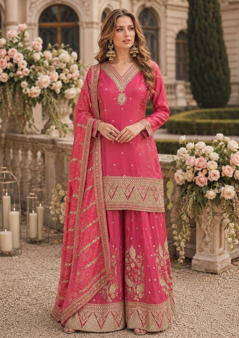 Pink silk readymade suit with embroidery & sequence work