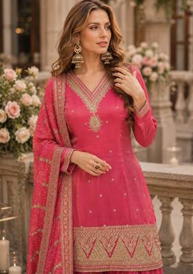 Pink silk readymade suit with embroidery & sequin work 2