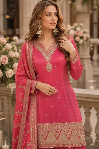Pink silk readymade suit with embroidery & sequin work