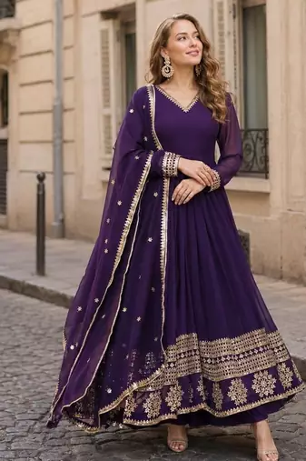 Violet geogette free size stitched gown with embroidery work