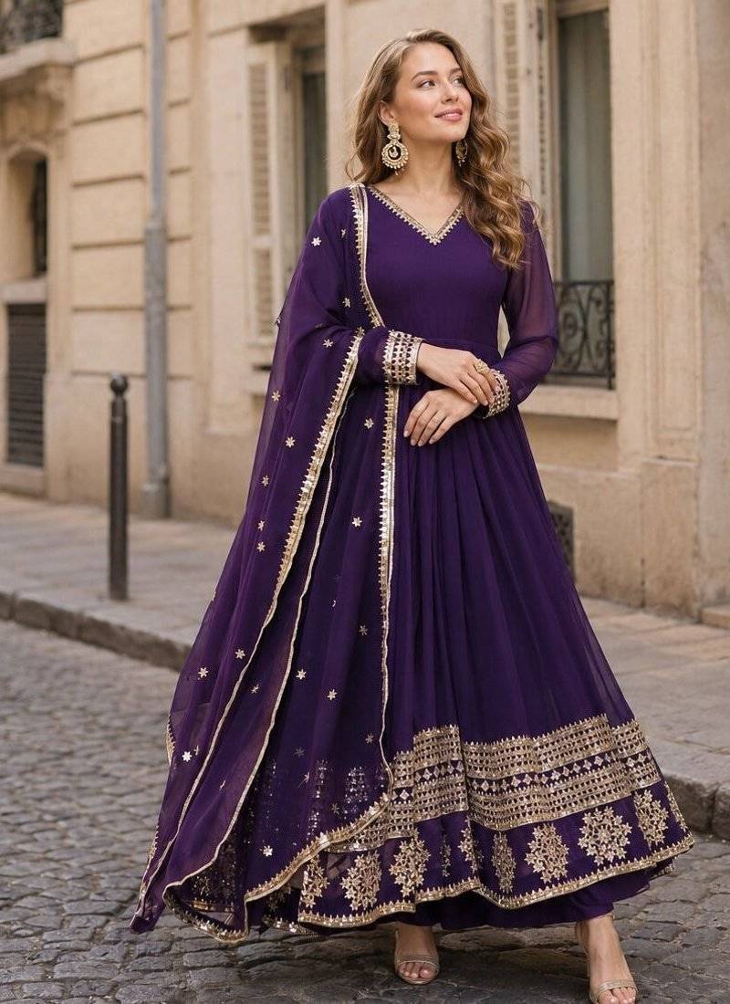Violet geogette free size stitched gown with embroidery work