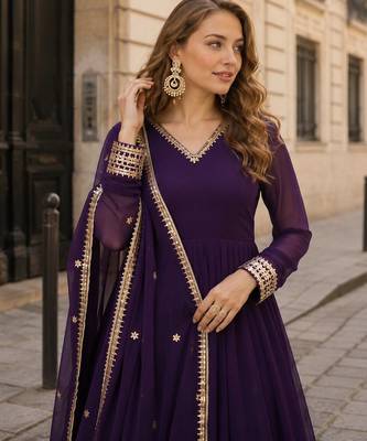 Violet geogette free size stitched gown with embroidery work 2