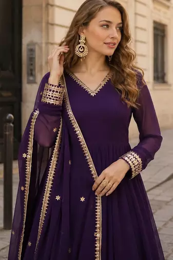 Violet geogette free size stitched gown with embroidery work