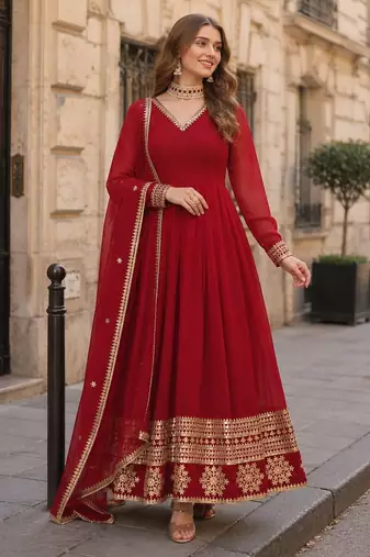 Red geogette free size stitched gown with embroidery work
