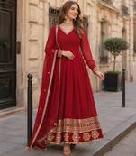Red geogette free size stitched gown with embroidery work