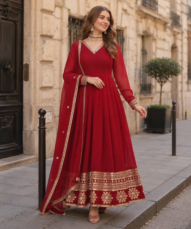 Red geogette free size stitched gown with embroidery work