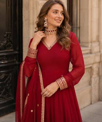 Red geogette free size stitched gown with embroidery work 2
