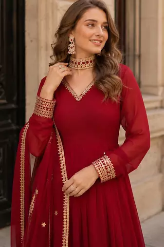 Red geogette free size stitched gown with embroidery work
