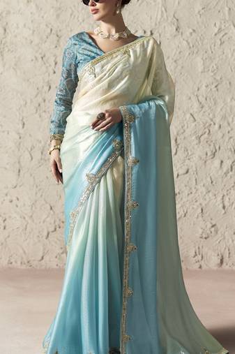 Aqua blue & off white saree with gold embroidery work fancy fabric saree with blouse