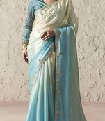 Aqua blue & off white saree with gold embroidery work fancy fabric saree with blouse
