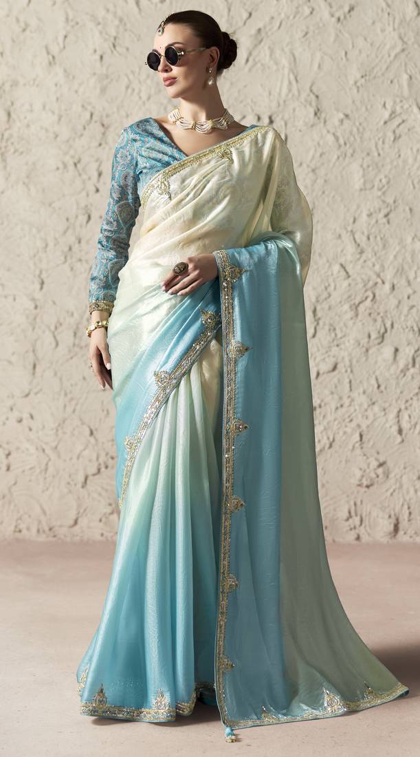 Aqua blue & off white saree with gold embroidery work fancy fabric saree with blouse