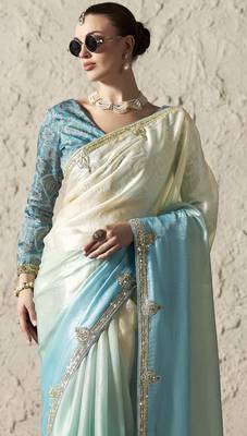 Aqua blue & off white saree with gold embroidery work fancy fabric saree with blouse 2