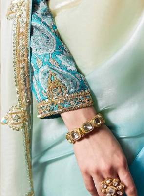 Aqua blue & off white saree with gold embroidery work fancy fabric saree with blouse 4