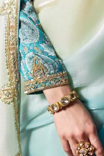 Aqua blue & off white saree with gold embroidery work fancy fabric saree with blouse