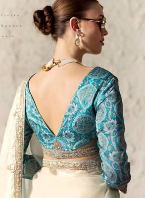 Aqua blue & off white saree with gold embroidery work fancy fabric saree with blouse 5