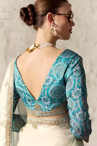 Aqua blue & off white saree with gold embroidery work fancy fabric saree with blouse
