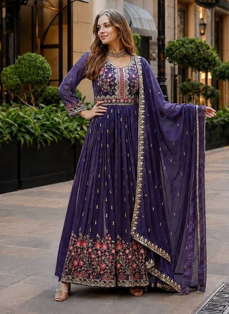 Violet georgette readymade suit with embroidery & sequence work