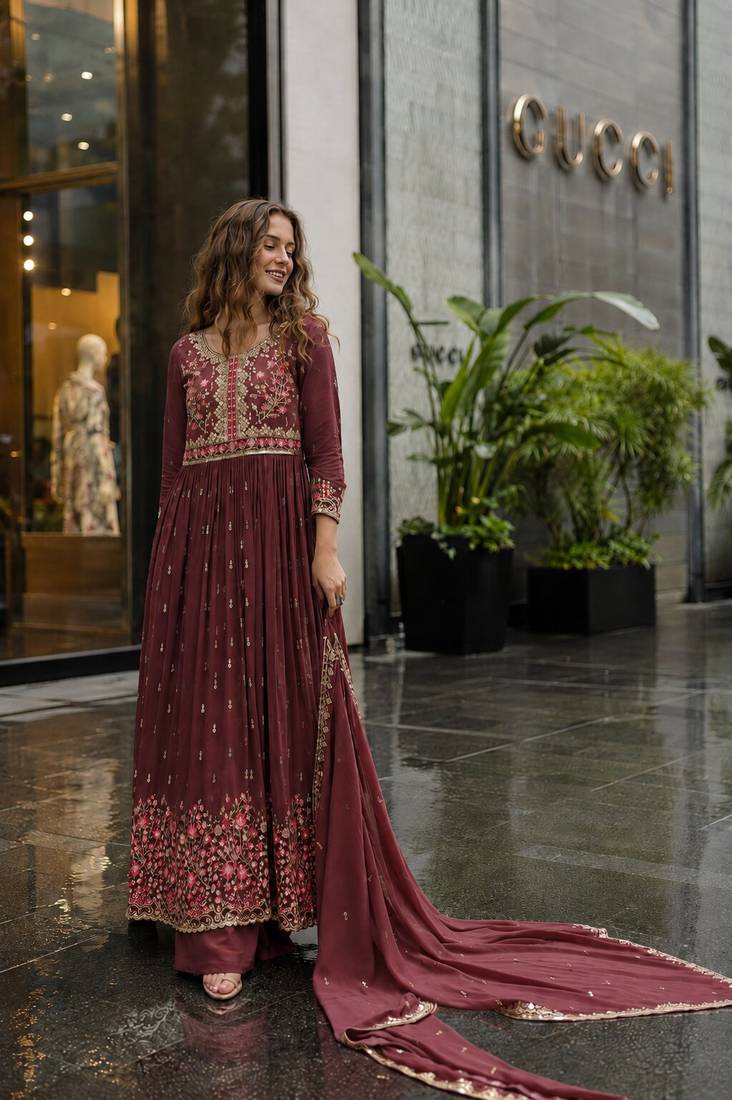 D peach georgette readymade suit with embroidery & sequence work