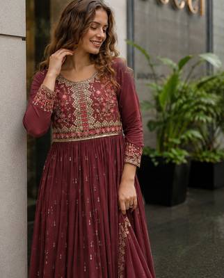 D peach georgette readymade suit with embroidery & sequin work 2