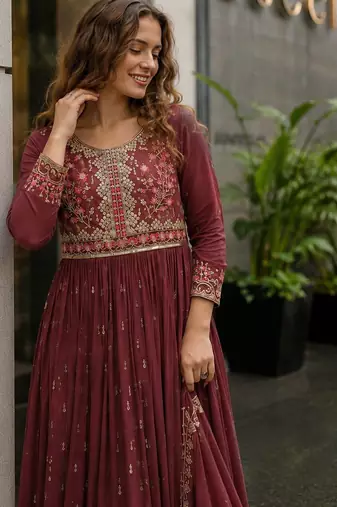 D peach georgette readymade suit with embroidery & sequin work