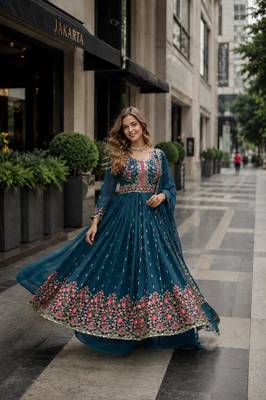 Blue georgette readymade suit with embroidery & sequin work 1