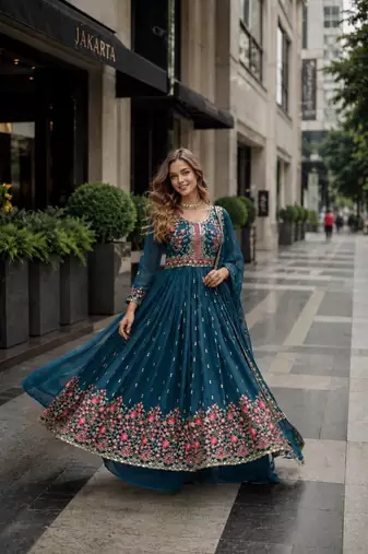 Blue georgette readymade suit with embroidery & sequin work