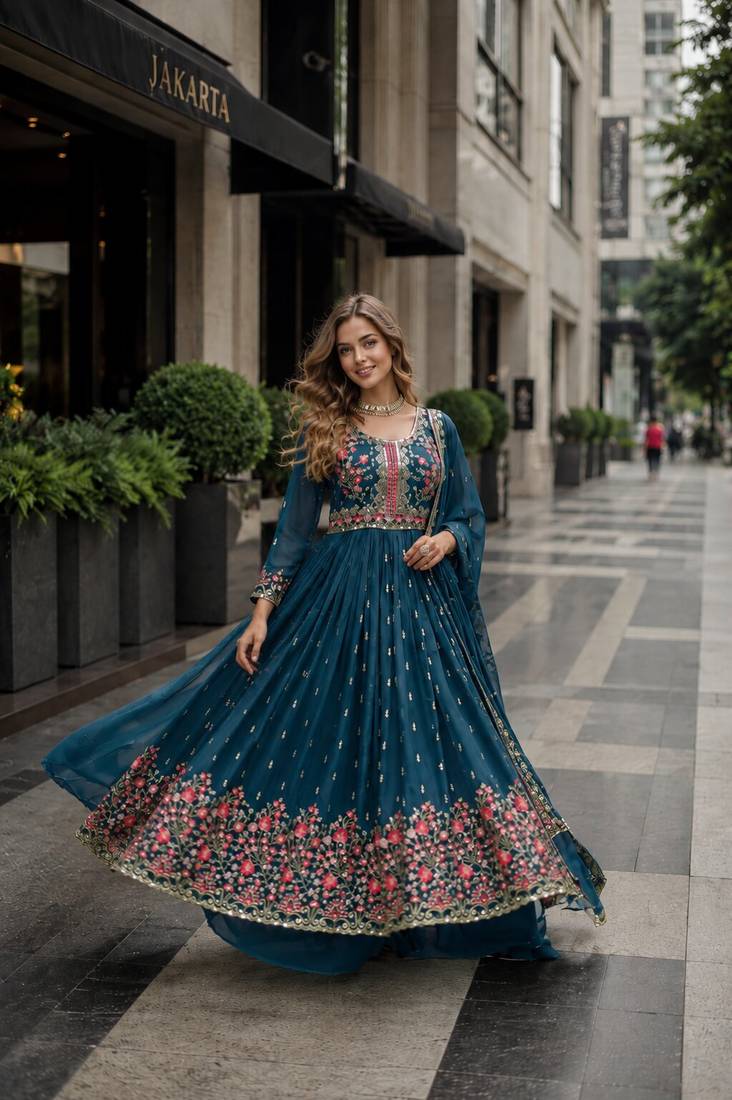 Blue georgette readymade suit with embroidery & sequence work