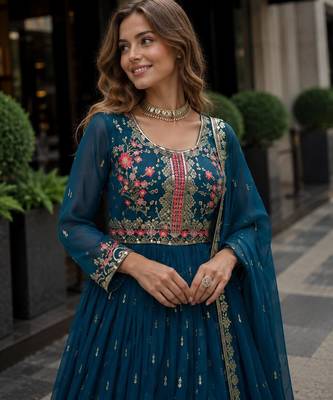Blue georgette readymade suit with embroidery & sequin work 2