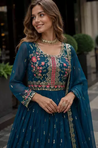 Blue georgette readymade suit with embroidery & sequin work