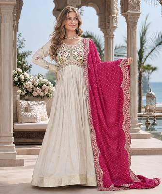 White & pink silk anarkali suit with embroidery & beads work 1