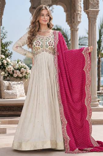 White & pink silk anarkali suit with embroidery & beads work