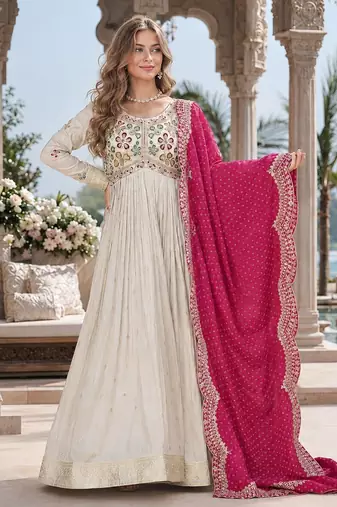 White & pink silk anarkali readymade suit with embroidery & beads work