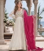 White & pink silk anarkali readymade suit with embroidery & beads work