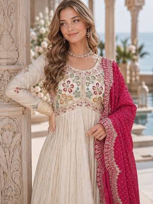 White & pink silk anarkali suit with embroidery & beads work 2