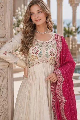White & pink silk anarkali readymade suit with embroidery & beads work