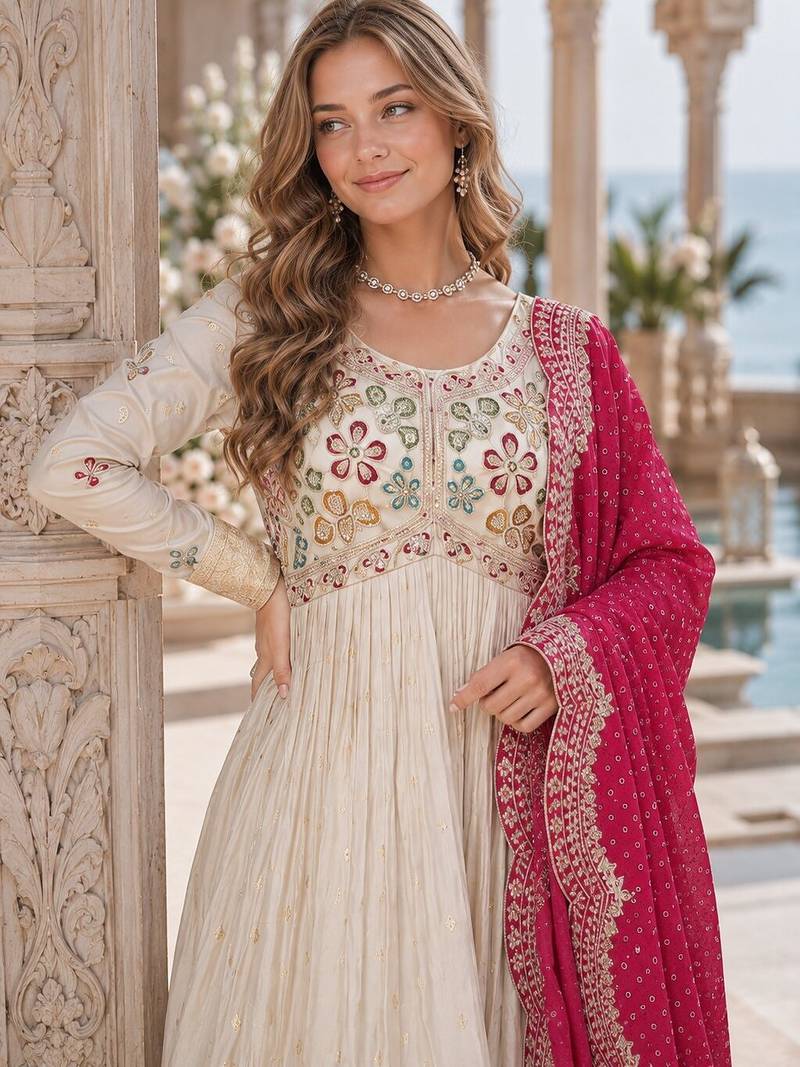 White & pink silk anarkali readymade suit with embroidery & beads work