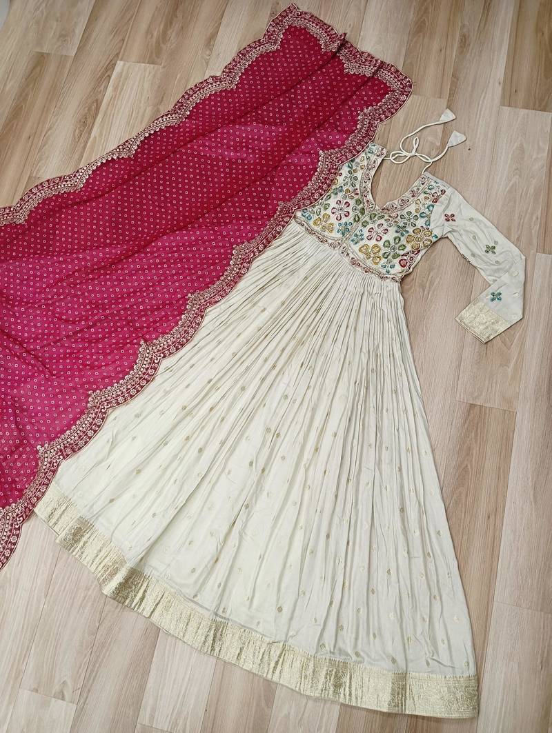 White & pink silk anarkali readymade suit with embroidery & beads work
